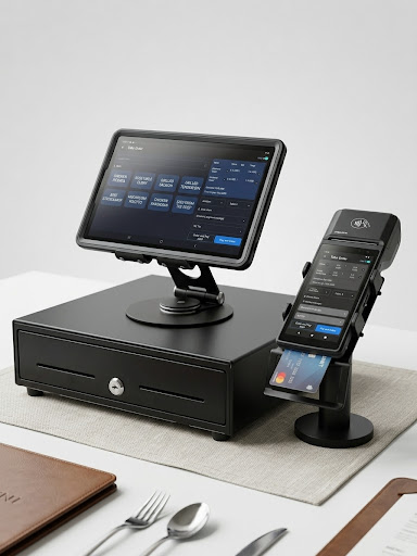 Meniuu POS display and payment terminal on a restaurant counter